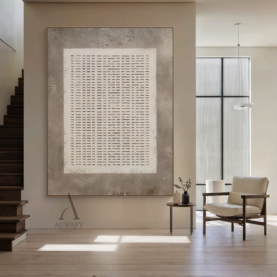 Abstract Gray Plaster Textured Wall Art AURA630: rough mottled gray plaster background, central white square with subtle hand-drawn uneven edges, filled with orderly arranged repeating horizontal short line grid, gaps between lines reveal the gray base, neutral monochrome gray and white color scheme, minimalist abstract decorative artwork suitable for Japandi, minimalist, industrial style residential and commercial interior decor.
