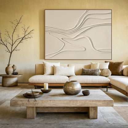Minimalist Beige High-Relief Wall Art (AURA431) - 3D White Organic Flowing Curves on Tactile Matte Base. Ideal for Modern Minimalist Study, Nordic-Style Entryway, or Cozy Living Room Focal Point. Serene Sculpted Design with Soft Lines & Subtle Light Play for Modern Organic Decor.