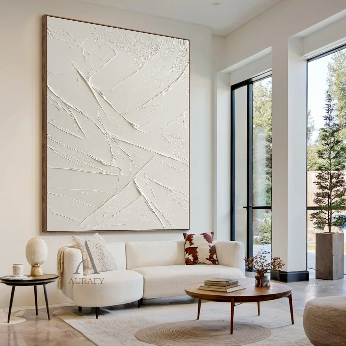 Styling scene shot of handcrafted beige minimalist textured wall art, thick hand-applied impasto plaster and acrylic knife strokes form raised sweeping curves and angular linear textures, monochromatic warm low-saturation beige palette with no figurative patterns, wabi-sabi Japandi style abstract canvas decor mounted on neutral soft-toned home wall, suitable for cream, wabi-sabi, minimalist, Nordic home interior spaces.