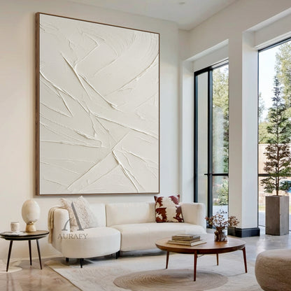 Styling scene shot of handcrafted beige minimalist textured wall art, thick hand-applied impasto plaster and acrylic knife strokes form raised sweeping curves and angular linear textures, monochromatic warm low-saturation beige palette with no figurative patterns, wabi-sabi Japandi style abstract canvas decor mounted on neutral soft-toned home wall, suitable for cream, wabi-sabi, minimalist, Nordic home interior spaces.