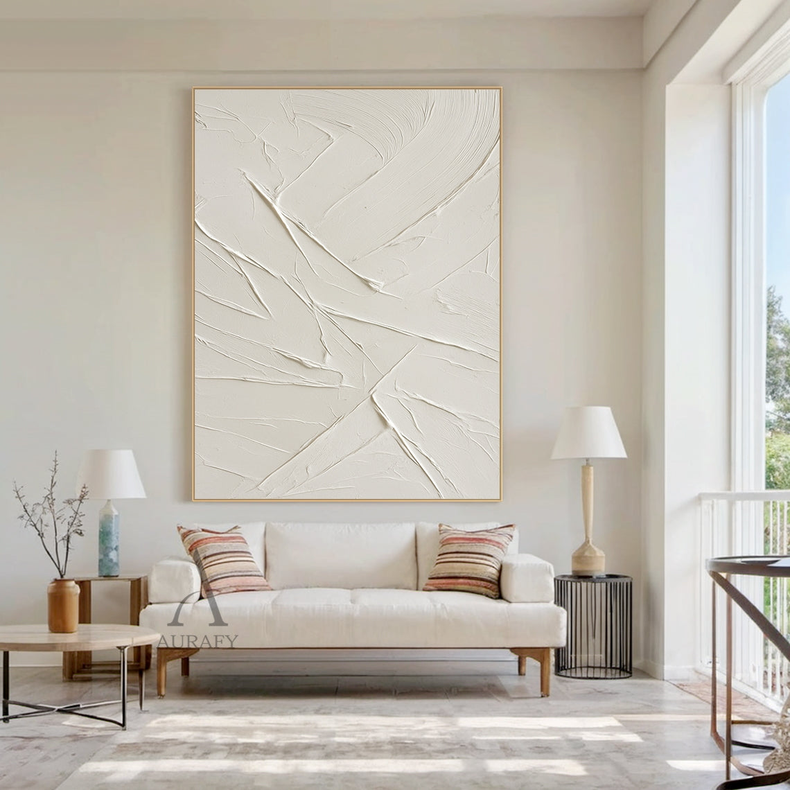 Lifestyle styling shot of handcrafted beige minimalist textured wall art, thick hand-applied impasto plaster and acrylic knife strokes form raised sweeping curves and angular linear textures, monochromatic warm low-saturation beige palette with no figurative patterns, wabi-sabi Japandi style abstract canvas decor mounted above the low-profile fabric headboard of a cream-toned minimalist bedroom, suitable for cream, wabi-sabi, minimalist, Nordic home interior spaces.