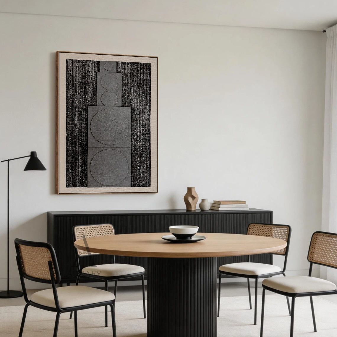 Horizontal monochrome black gray 3D textured geometric abstract canvas wall art real installation scene shot (AURA728), features rough dark near-black ridged woven-like background, slightly raised matte light gray rectangular panels with graduated circular forms growing in size from left to right, framed by soft light off-white blank border, minimalist Japandi wabi-sabi wall decor presented in actual warm log-style dining room space to show space matching effect