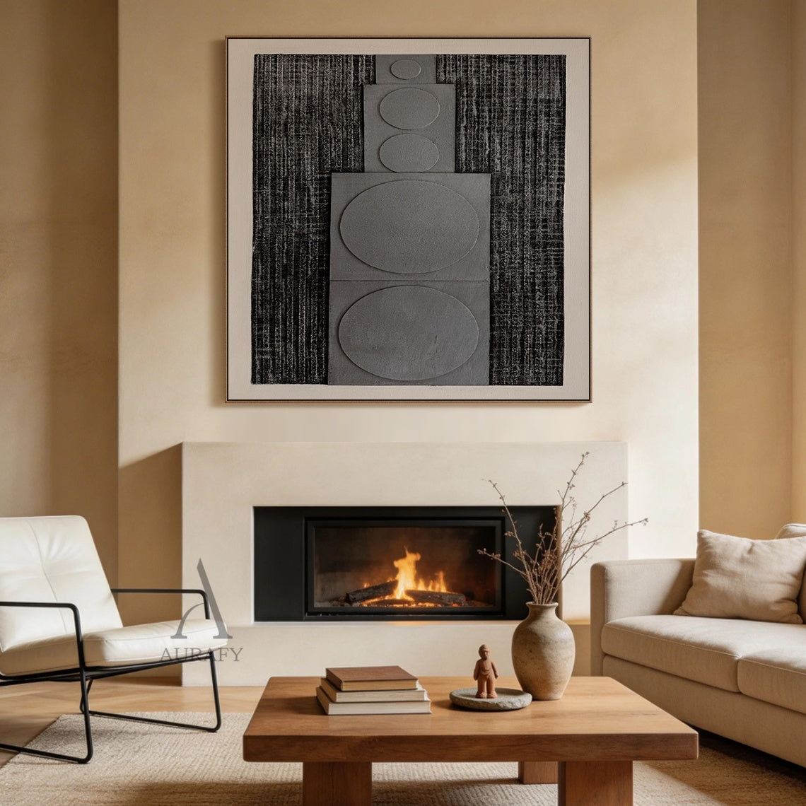Horizontal monochrome black gray 3D textured geometric abstract canvas wall art real installation scene shot (AURA728), features rough dark near-black ridged woven-like background, slightly raised matte light gray rectangular panels with graduated circular forms growing in size from left to right, framed by soft light off-white blank border, minimalist Japandi wabi-sabi wall decor presented in actual warm log-style dining room space to show space matching effect