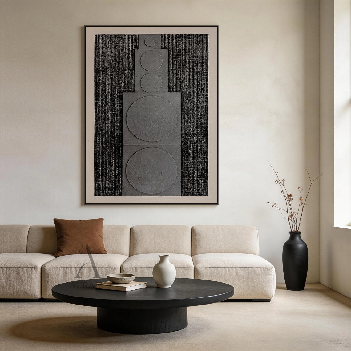 Horizontal monochrome black gray 3D textured geometric abstract canvas wall art real installation scene shot (AURA728), features rough dark near-black ridged woven-like background, slightly raised matte light gray rectangular panels with graduated circular forms growing in size from left to right, framed by soft light off-white blank border, minimalist Japandi wabi-sabi wall decor presented in actual home space to show space matching effect