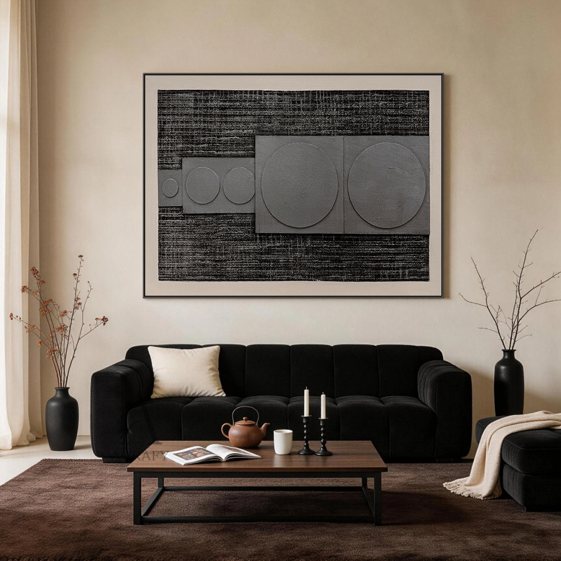 Horizontal monochrome black gray 3D textured geometric abstract canvas wall art real installation scene shot (AURA728), features rough dark near-black ridged woven-like background, slightly raised matte light gray rectangular panels with graduated circular forms growing in size from left to right, framed by soft light off-white blank border, minimalist Japandi wabi-sabi wall decor presented in actual home space to show space matching effect