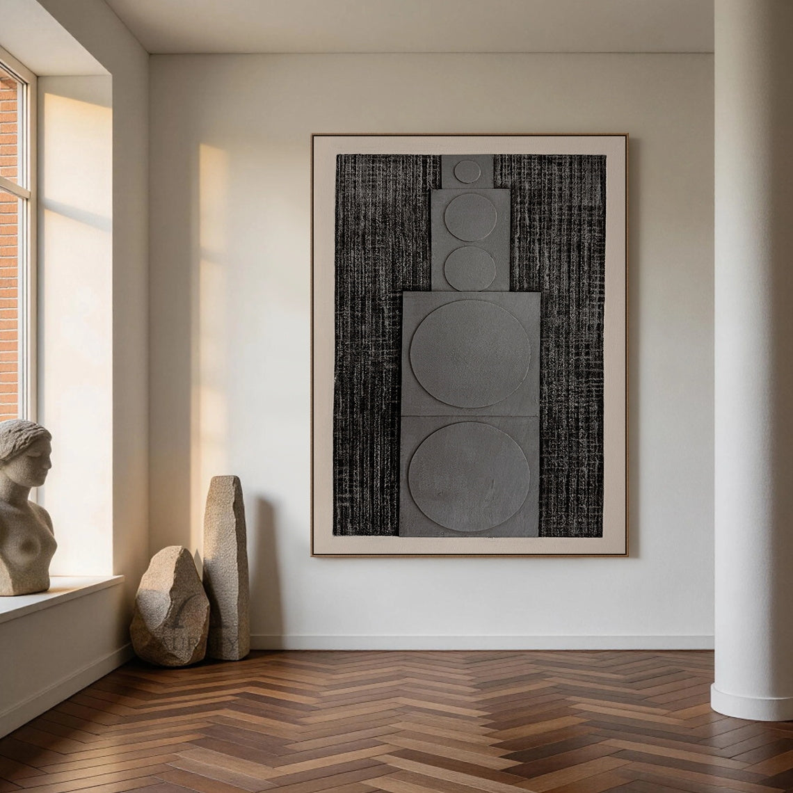 Horizontal monochrome black gray 3D textured geometric abstract canvas wall art (AURA728), features rough dark near-black ridged woven-like background, slightly raised matte light gray rectangular panels with graduated circular forms growing in size from left to right, framed by soft light off-white blank border, minimalist Japandi wabi-sabi wall decor