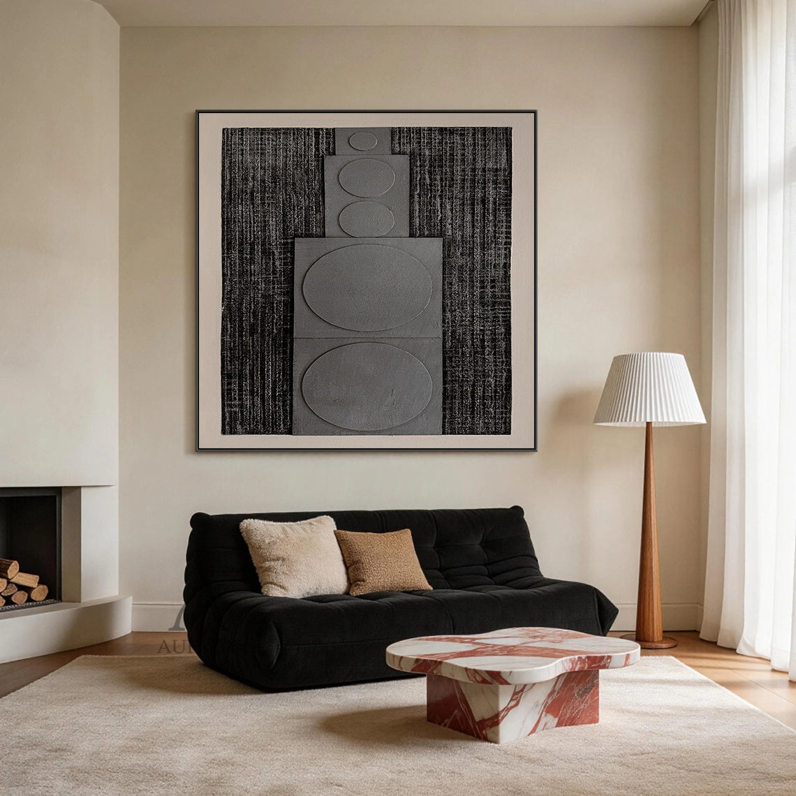 Horizontal monochrome black gray 3D textured geometric abstract canvas wall art (AURA728), features rough dark near-black ridged woven-like background, slightly raised matte light gray rectangular panels with graduated circular forms growing in size from left to right, framed by soft light off-white blank border, minimalist Japandi wabi-sabi wall decor