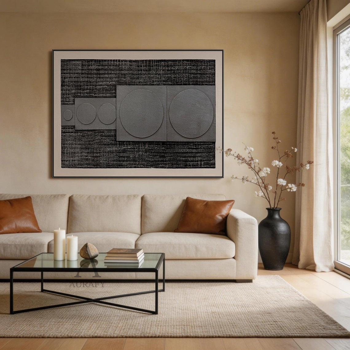 Horizontal monochrome black gray 3D textured geometric abstract canvas wall art (AURA728), features rough dark near-black ridged woven-like background, slightly raised matte light gray rectangular panels with graduated circular forms growing in size from left to right, framed by soft light off-white blank border, minimalist Japandi wabi-sabi wall decor