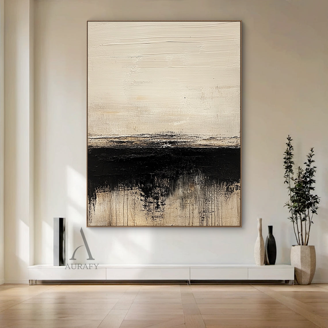 AURA643 minimalist Japandi abstract black beige canvas wall art, 3D tactile plaster textured painting with impasto knife strokes. Real-life display scene of this neutral wabi-sabi abstract artwork hung on the modern home background wall, the harmonious black-beige tone fits perfectly with light-toned soft furnishings and wooden furniture, suitable for living room, bedroom, dining room and entryway wall decor to create a calm minimalist home atmosphere.