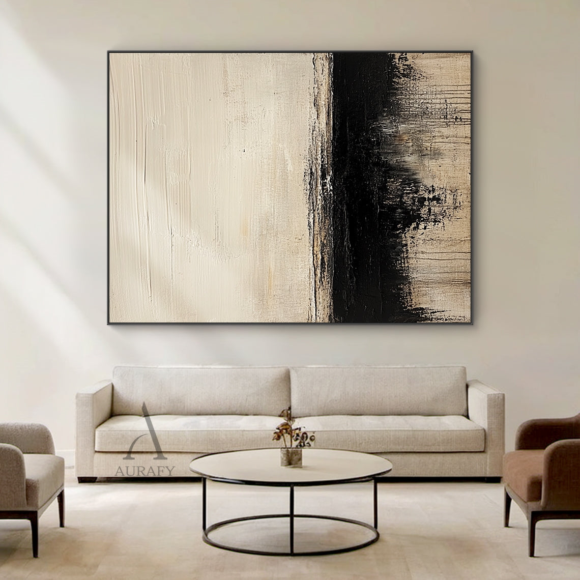 AURA643 minimalist Japandi abstract black beige canvas wall art, 3D tactile plaster textured painting with impasto knife strokes. Real-life display scene of this neutral wabi-sabi abstract artwork hung on the modern home background wall, the harmonious black-beige tone fits perfectly with light-toned soft furnishings and wooden furniture, suitable for living room, bedroom, dining room and entryway wall decor to create a calm minimalist home atmosphere.