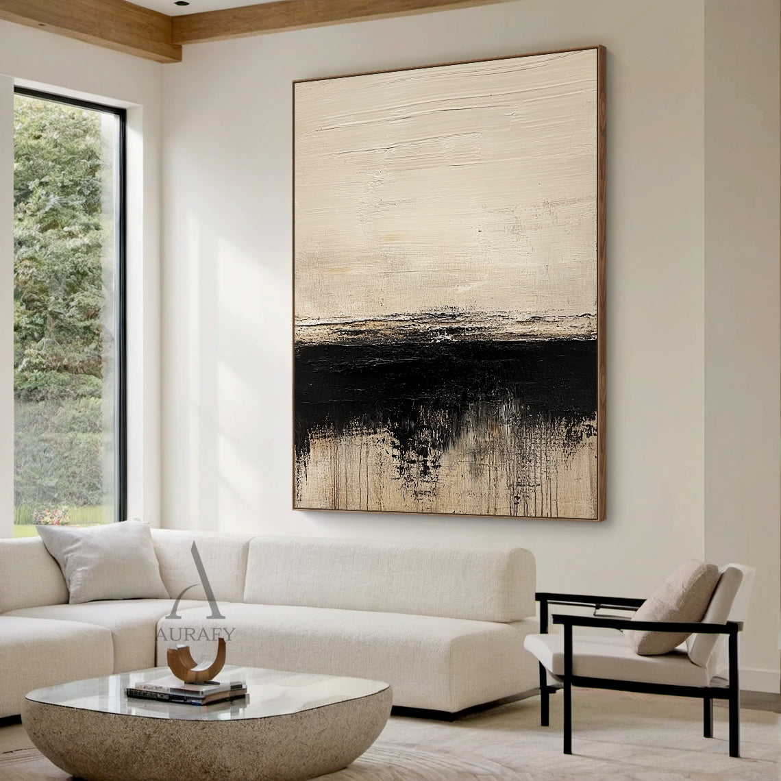 AURA643 minimalist Japandi abstract black beige canvas wall art, 3D tactile plaster textured painting with impasto knife strokes. Real-life display scene of this neutral wabi-sabi abstract artwork hung on the creamy background wall of a wabi-sabi style living room, the soft black-beige color palette pairs seamlessly with linen sofas, log coffee tables and light-toned home textiles, suitable for living room, bedroom, dining area and entryway wall decoration to build a relaxing, Zen-inspired minimalist home v