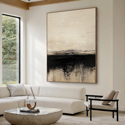 AURA643 minimalist Japandi abstract black beige canvas wall art, 3D tactile plaster textured painting with impasto knife strokes. Real-life display scene of this neutral wabi-sabi abstract artwork hung on the creamy background wall of a wabi-sabi style living room, the soft black-beige color palette pairs seamlessly with linen sofas, log coffee tables and light-toned home textiles, suitable for living room, bedroom, dining area and entryway wall decoration to build a relaxing, Zen-inspired minimalist home v