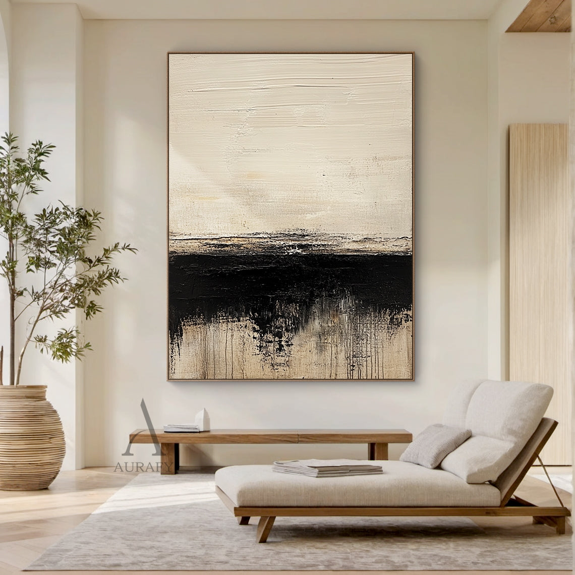 AURA643 minimalist Japandi abstract black beige canvas wall art, 3D tactile plaster textured painting with impasto knife strokes. Upper part is large beige area with rough horizontal brush texture, middle has an irregular blurred black strip dividing the visual space, lower section blends black and beige with dripping vertical stroke effects, neutral tone wabi-sabi abstract artwork for modern living room bedroom decor.