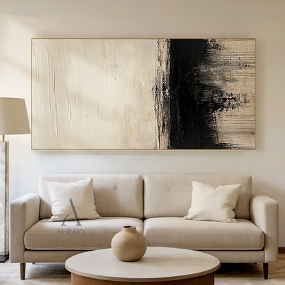 AURA643 minimalist Japandi abstract black beige canvas wall art, 3D tactile plaster textured painting with impasto knife strokes. Upper part is large beige area with rough horizontal brush texture, middle has an irregular blurred black strip dividing the visual space, lower section blends black and beige with dripping vertical stroke effects, neutral tone wabi-sabi abstract artwork for modern living room bedroom decor.