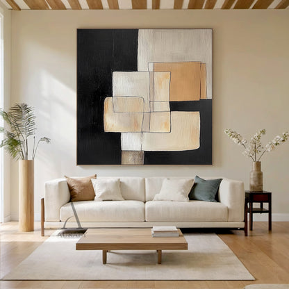 Hand-painted minimalist Japandi geometric abstract acrylic canvas wall decor (AURA645), features overlapping softened square and rectangular blocks in gradient neutral beige shades (off-white, light warm beige, khaki, brown-toned beige) paired with high-purity black blocks as base and segmentation, outlined by thin casual black lines with no sharp edges, has clear hand-painted knife stroke textured thick paint layers, low-saturation soft muted neutral color palette.