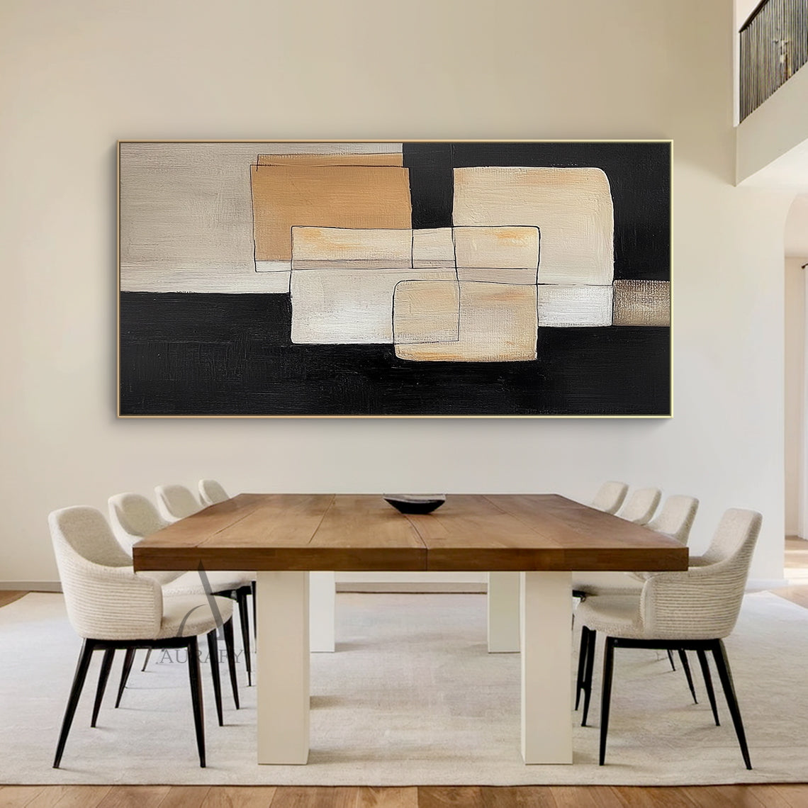 Hand-painted minimalist Japandi geometric abstract acrylic canvas wall decor (AURA645), features overlapping softened square and rectangular blocks in gradient neutral beige shades (off-white, light warm beige, khaki, brown-toned beige) paired with high-purity black blocks as base and segmentation, outlined by thin casual black lines with no sharp edges, has clear hand-painted knife stroke textured thick paint layers, low-saturation soft muted neutral color palette.