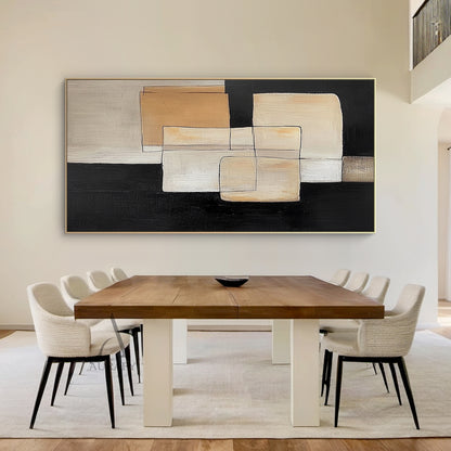 Hand-painted minimalist Japandi geometric abstract acrylic canvas wall decor (AURA645), features overlapping softened square and rectangular blocks in gradient neutral beige shades (off-white, light warm beige, khaki, brown-toned beige) paired with high-purity black blocks as base and segmentation, outlined by thin casual black lines with no sharp edges, has clear hand-painted knife stroke textured thick paint layers, low-saturation soft muted neutral color palette.