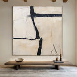 General Abstract Black Beige Tactile Canvas Art with Impasto Brush Strokes Minimalist Luxe AURA506