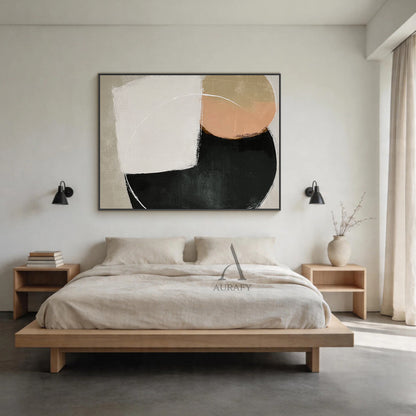 Minimalist Black Beige Wall Art AURA400 with wabi-sabi influences—3D tactile brushstrokes, matte distressed finishes. Features rounded & angular geometric shapes in black, beige, off-white, soft peach. Ideal for Scandinavian-style study room, minimalist entryway wall, or above wabi-sabi dining table.