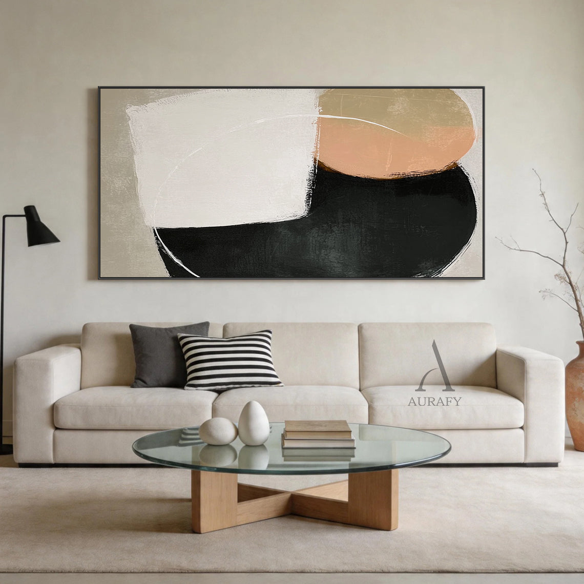 Minimalist Black Beige Wall Art AURA400 with wabi-sabi influences—3D tactile brushstrokes, matte distressed finishes. Features rounded & angular geometric shapes in black, beige, off-white, soft peach. Ideal for Japandi living room, neutral bedroom, or above minimalist console table.