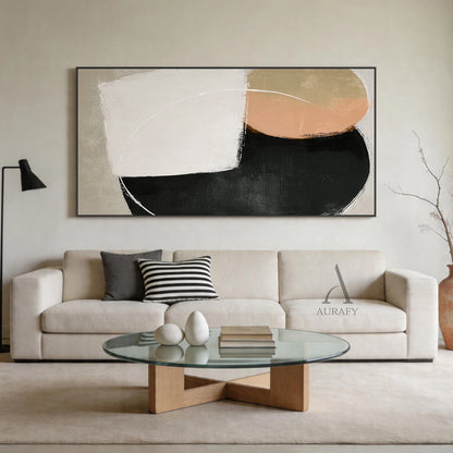 Minimalist Black Beige Wall Art AURA400 with wabi-sabi influences—3D tactile brushstrokes, matte distressed finishes. Features rounded & angular geometric shapes in black, beige, off-white, soft peach. Ideal for Japandi living room, neutral bedroom, or above minimalist console table.