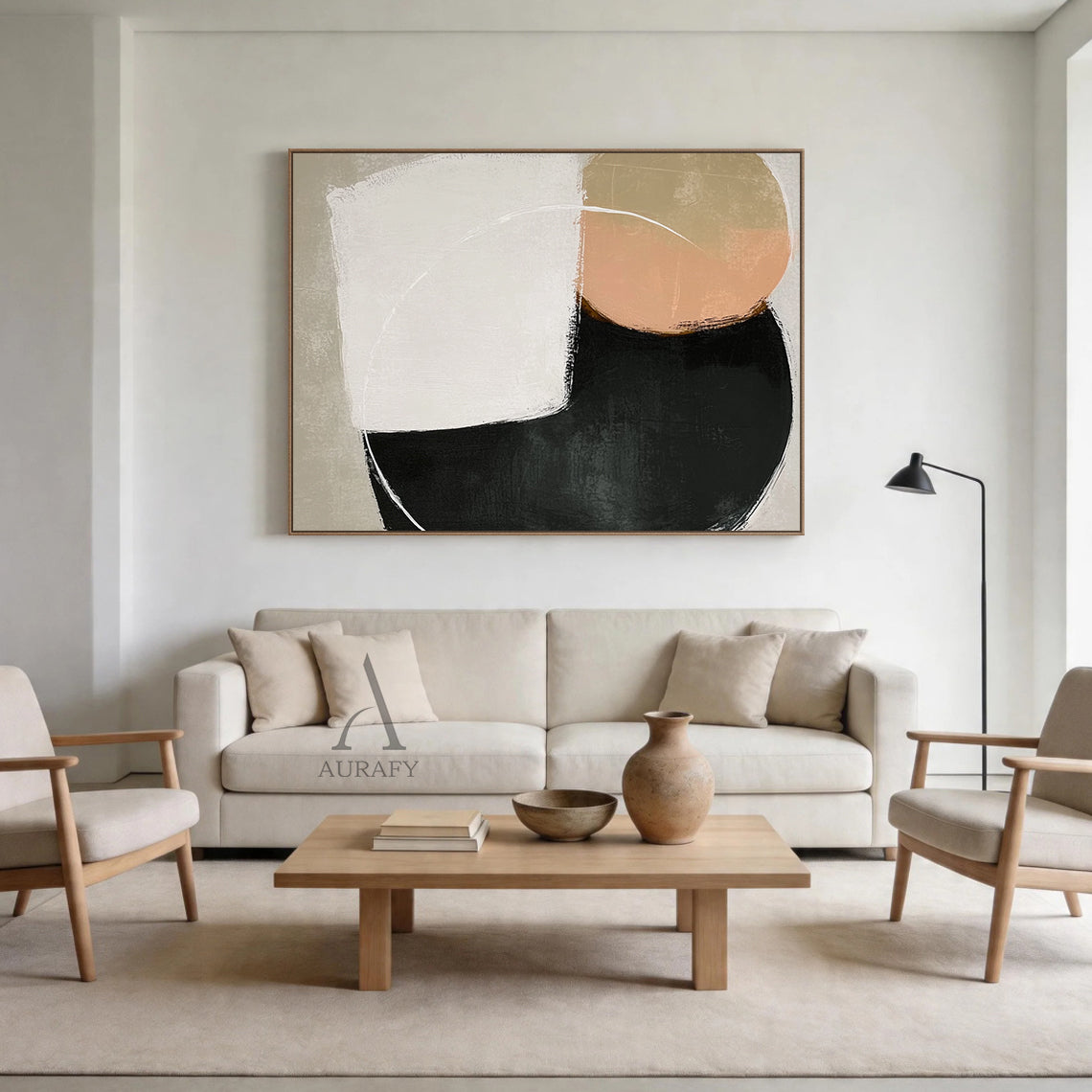 Minimalist Black Beige Wall Art AURA400 with wabi-sabi influences—3D tactile brushstrokes, matte distressed finishes. Features rounded & angular geometric shapes in black, beige, off-white, soft peach. Ideal for modern minimalist living room wall, bohemian bedroom accent wall, or above a sleek wabi-sabi coffee table.
