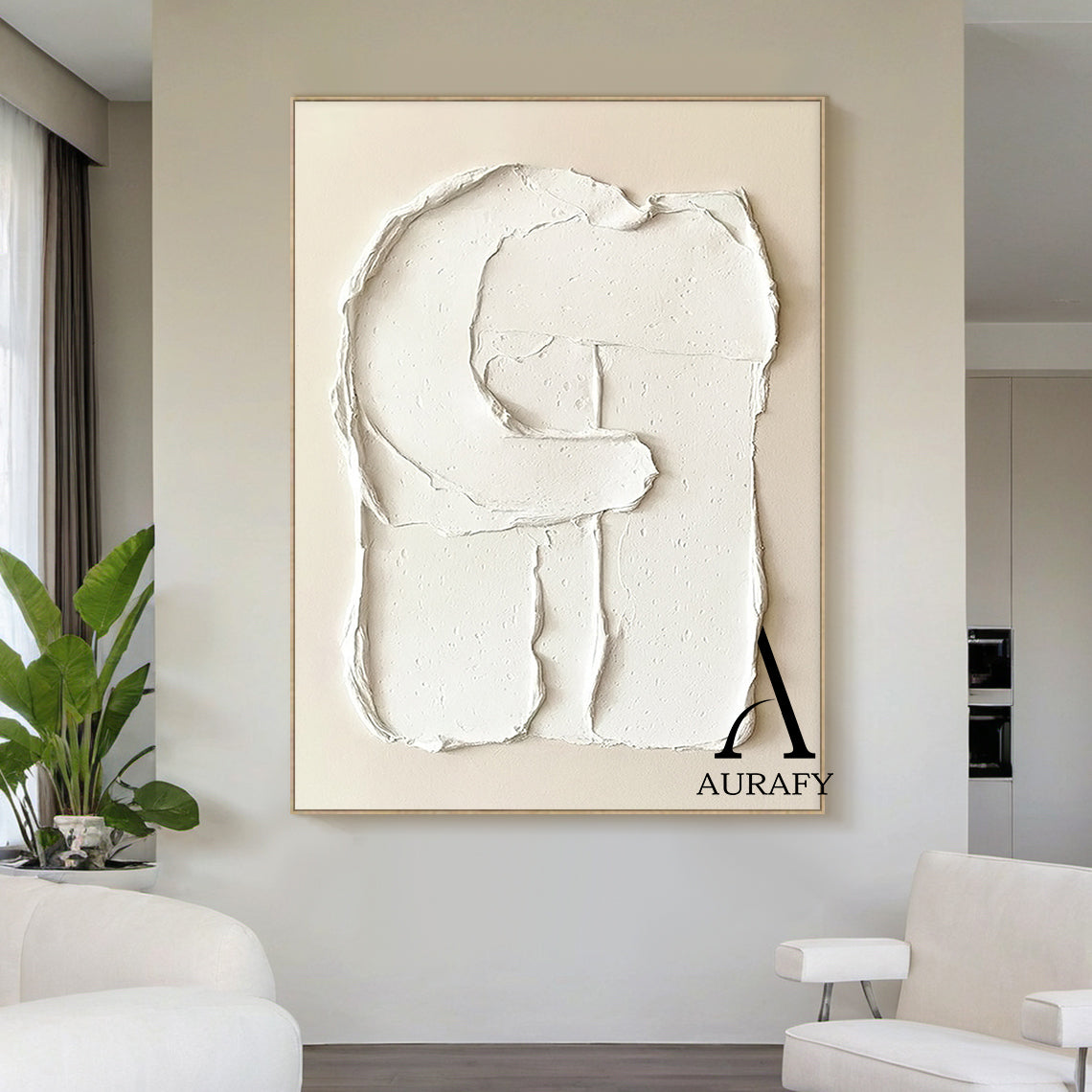 Aurafy AURA541 minimalist plaster textured wall art, warm soft beige canvas base with hand-applied thick impasto matte white 3D abstract capital letter G shape, with irregular handcrafted rough edges, natural porous surface details and texture folds, neutral tone wabi sabi japandi wall decor for modern minimalist home.