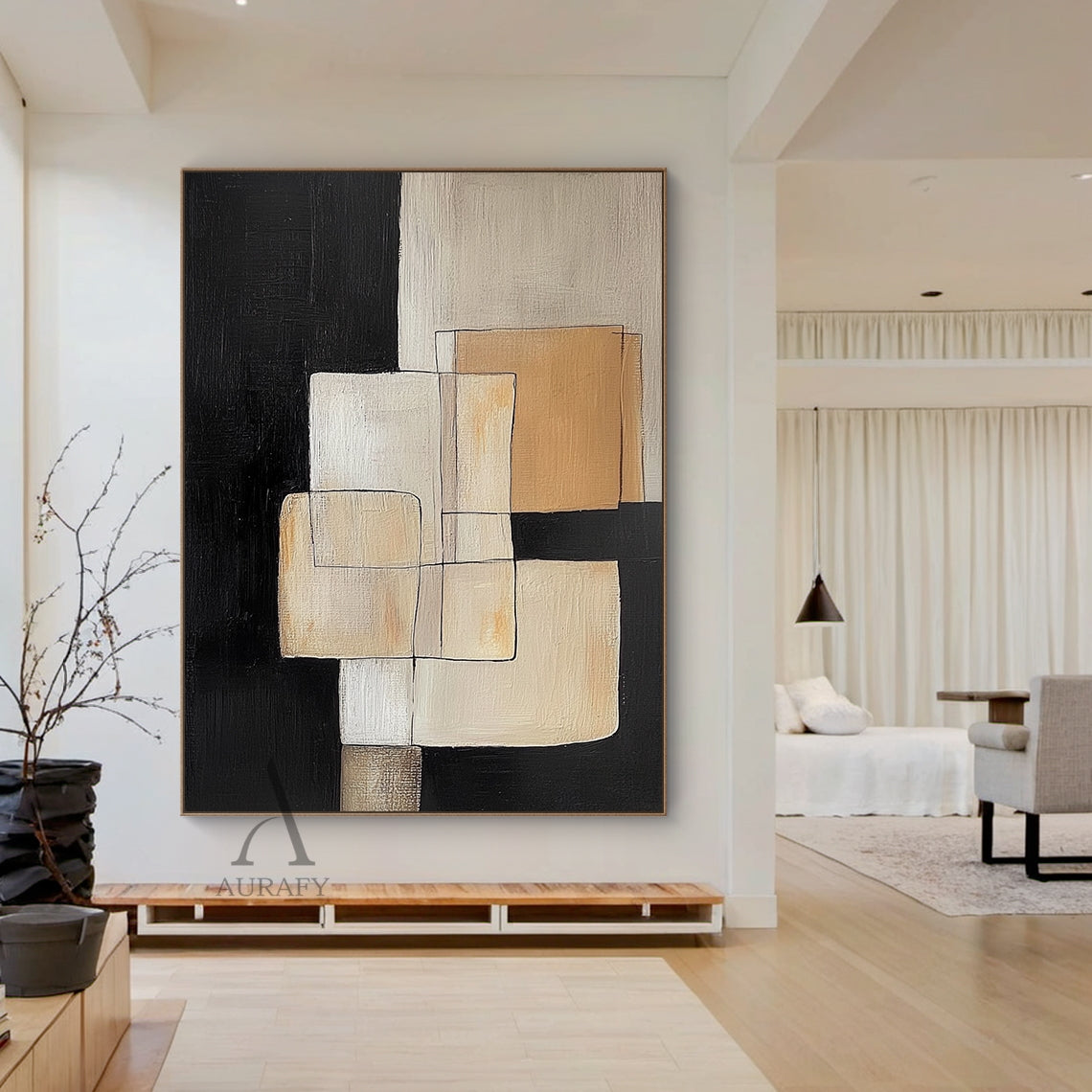 Hand-painted minimalist Japandi geometric abstract acrylic canvas wall decor on-wall display (AURA645), features overlapping softened square and rectangular blocks in gradient neutral beige shades (off-white, light warm beige, khaki, brown-toned beige) paired with high-purity black blocks as base and segmentation, outlined by thin casual black lines with no sharp edges, presents clear hand-painted knife stroke textured thick paint layers, its low-saturation soft muted neutral color palette fits perfectly wi