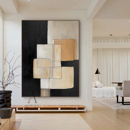 Hand-painted minimalist Japandi geometric abstract acrylic canvas wall decor on-wall display (AURA645), features overlapping softened square and rectangular blocks in gradient neutral beige shades (off-white, light warm beige, khaki, brown-toned beige) paired with high-purity black blocks as base and segmentation, outlined by thin casual black lines with no sharp edges, presents clear hand-painted knife stroke textured thick paint layers, its low-saturation soft muted neutral color palette fits perfectly wi