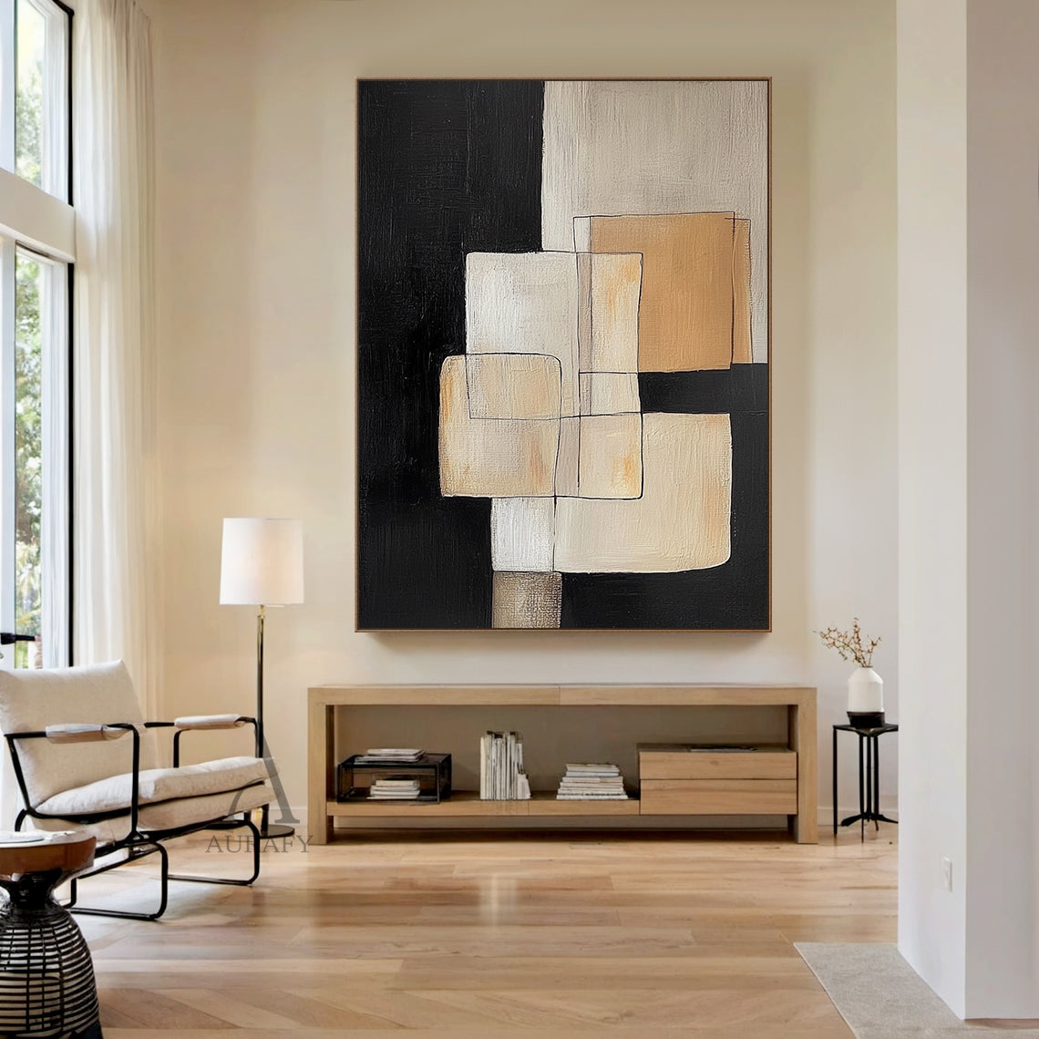Hand-painted minimalist Japandi geometric abstract acrylic canvas wall decor home interior styled display (AURA645), features overlapping softened square and rectangular blocks in gradient neutral beige shades (off-white, light warm beige, khaki, brown-toned beige) paired with high-purity black blocks as base and segmentation, outlined by thin casual black lines with no sharp edges, presents clear hand-painted knife stroke textured thick paint layers, its low-saturation soft muted neutral color palette fits