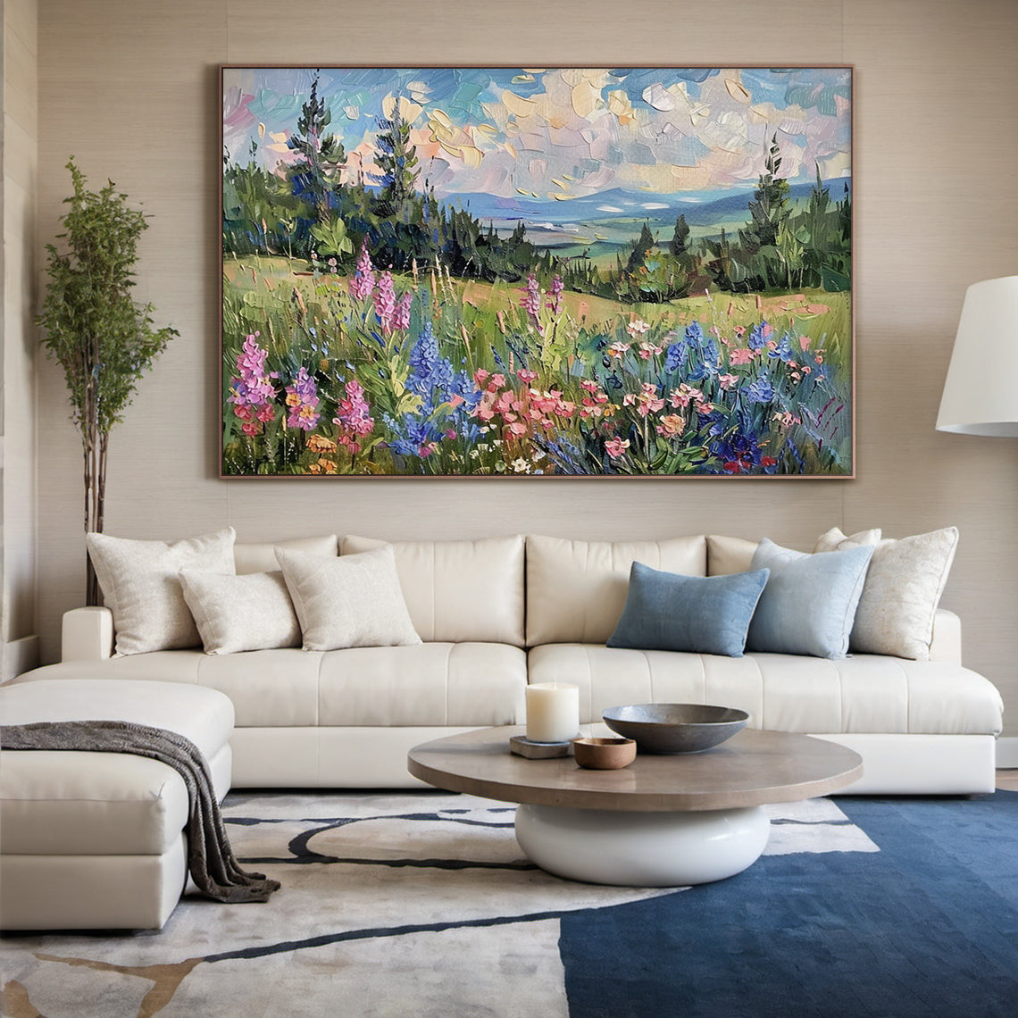 Impasto palette knife impressionism oil painting, alpine mountain landscape artwork. Foreground has sun-warmed alpine meadow slope dotted with bright yellow alpine poppies, pale lavender asters, milky white edelweiss and soft silvery green sage foliage. Middle ground features tranquil turquoise glacial lake flanked by dense deep emerald pine forests and scattered weathered stone alpine huts tucked at the foot of rolling hills. Background is jagged snow-capped charcoal-grey mountain peaks, hazy lavender-blue