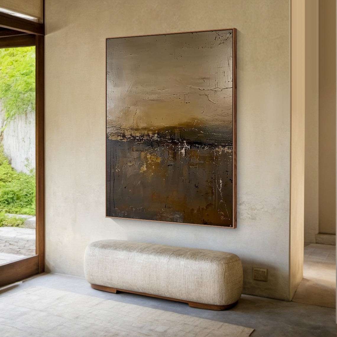 General Abstract Black Art Plaster-like Textured Japandi Wall Decor with Scratched Layers (AURA197) — Earth tone base (beige, light brown, dark brown) with black accents, rough layered texture from scratch and smudge strokes, modern abstract style ideal for minimalist, modern or luxury home spaces like entryways or living rooms. Mounted on a warm wooden accent wall in a cozy minimalist bedroom, paired with a low-profile linen bed and soft ambient lighting from a bedside table lamp, creating a serene and sop