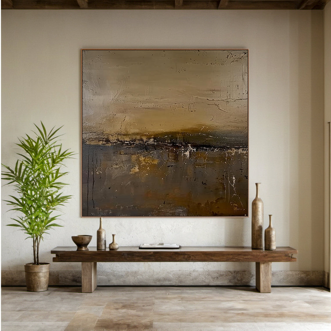 General Abstract Black Art Plaster-like Textured Japandi Wall Decor with Scratched Layers (AURA197) — Earth tone base (beige, light brown, dark brown) with black accents, rough layered texture from scratch and smudge strokes, modern abstract style ideal for minimalist, modern or luxury home spaces like entryways or living rooms. Mounted on a warm wooden accent wall in a cozy minimalist bedroom, paired with a low-profile linen bed and soft ambient lighting from a bedside table lamp, creating a serene and sop