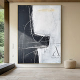 Black White Abstract Art with Rough Brushstrokes Geometric Blocks Organic Lines Tactile Surface AURA492