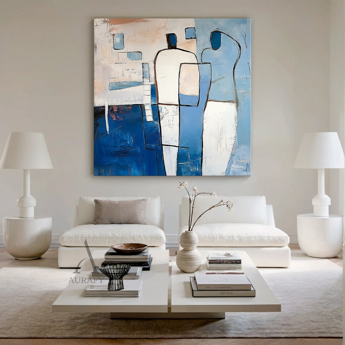 Modern Abstract Blue Art (AURA405) Bedroom Scenario Display, the artwork comes with expressive tactile impasto texture, bold outlines defining two faceless stylized abstract human figures: the left figure has white upper body and deep navy lower half, the right figure presents soft light blue and white curved forms, the artwork's base background is spliced with light blue and beige geometric blocks with subtle pale orange warm accents, handcrafted brushstrokes create a dimensional 3D paint surface. This ima