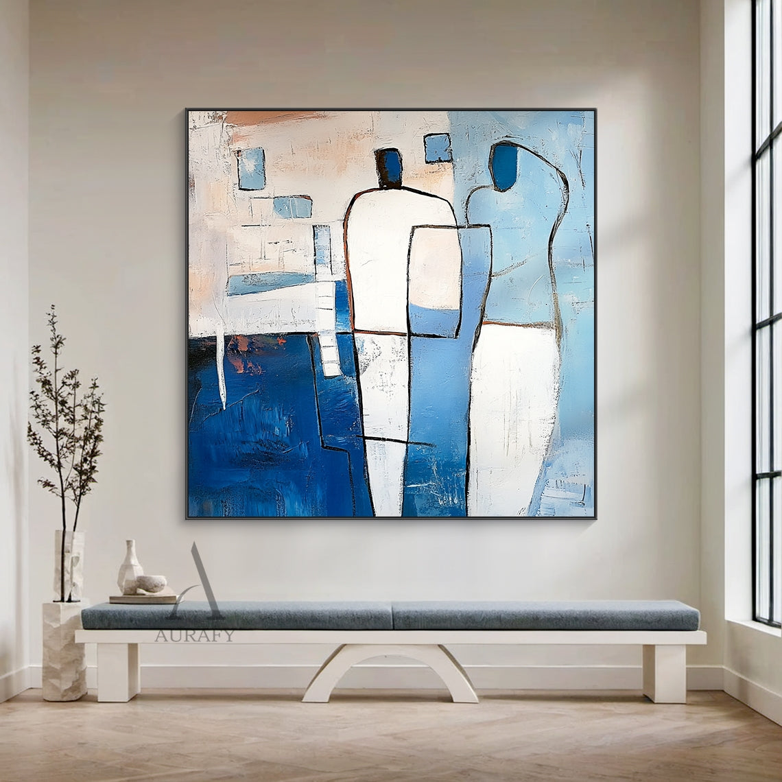 Modern Abstract Blue Art (AURA405) with expressive tactile impasto texture, bold outlines defining two faceless stylized abstract human figures. Left figure has white upper body and deep navy lower half, right figure features soft light blue and white curved forms. Background includes light blue, beige geometric blocks with subtle pale orange warm accents, handcrafted brushstrokes create dimensional 3D paint surface, perfect for minimalist, Japandi, modern living room, bedroom and office decor.