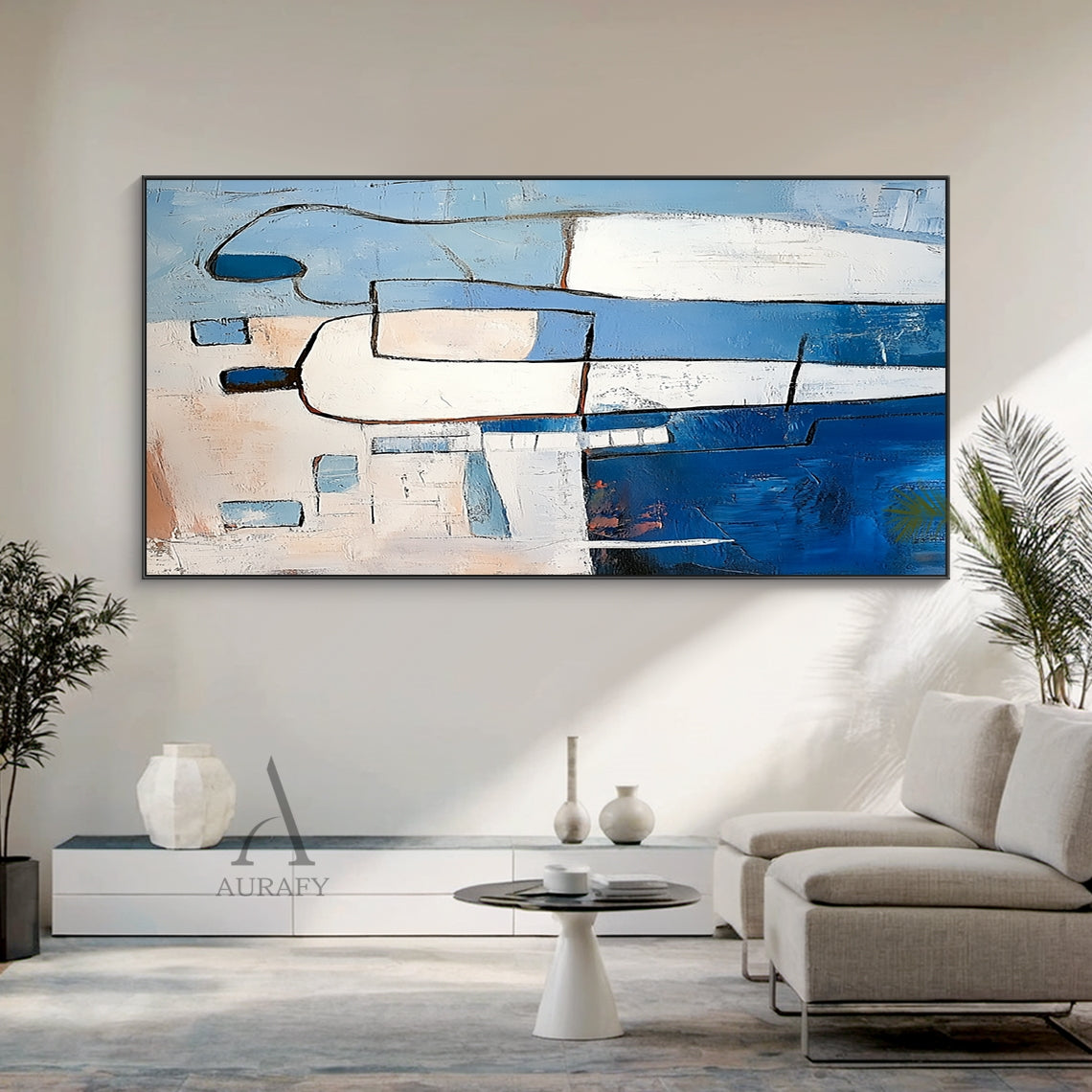 Modern Abstract Blue Art (AURA405) with expressive tactile impasto texture, bold outlines defining two faceless stylized abstract human figures. Left figure has white upper body and deep navy lower half, right figure features soft light blue and white curved forms. Background includes light blue, beige geometric blocks with subtle pale orange warm accents, handcrafted brushstrokes create dimensional 3D paint surface, perfect for minimalist, Japandi, modern living room, bedroom and office decor.