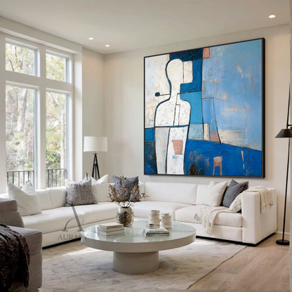 Modern abstract blue geometric artwork, landscape orientation, center presents the iconic abstract white human figure outlined in thick bold black lines and split into irregular geometric facets, interspersed with small warm tangerine accent details, set against a layered staggered geometric background in gradient shades of blue (cobalt blue to soft baby blue), light gray, creamy white and muted orange blocks, with visible textured impasto brush traces covering the entire canvas, understated simplified abst