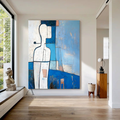 Modern abstract blue geometric artwork, portrait orientation, left side features abstract white human figure outlined in bold black lines and split into geometric facets, dotted with small warm orange accents, set against layered geometric background in varying shades of blue (deep navy to soft sky blue), gray, white and orange blocks, with visible tactile impasto brush strokes across the canvas, subtle simplified abstract environmental symbols at bottom right corner.