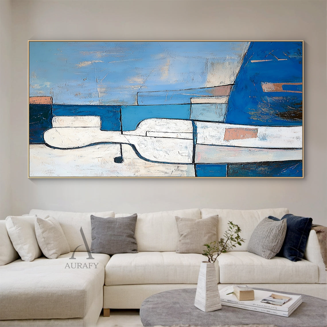 Modern abstract blue geometric artwork, portrait orientation, left side features abstract white human figure outlined in bold black lines and split into geometric facets, dotted with small warm orange accents, set against layered geometric background in varying shades of blue (deep navy to soft sky blue), gray, white and orange blocks, with visible tactile impasto brush strokes across the canvas, subtle simplified abstract environmental symbols at bottom right corner.