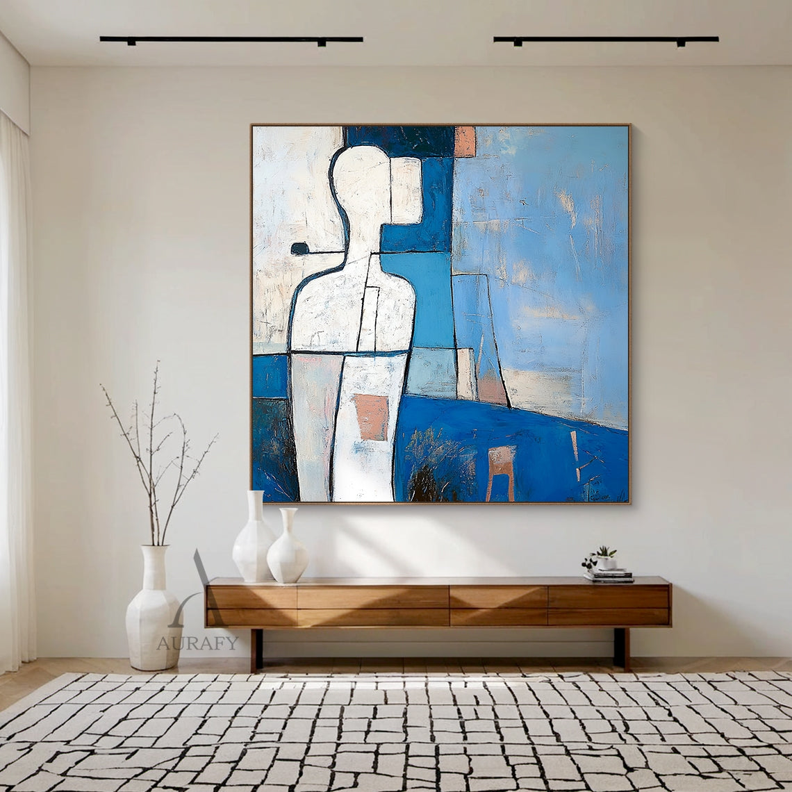 Modern abstract blue geometric artwork, portrait orientation, center displays the iconic abstract white human figure outlined in bold black lines and segmented into geometric facets, dotted with small warm orange accent details, set against overlapping geometric background in varying shades of blue (deep navy to pale sky blue), gray, milky white and tangerine blocks, with clear tactile impasto brush strokes across the entire canvas, understated simplified abstract plant symbols at the top left corner.