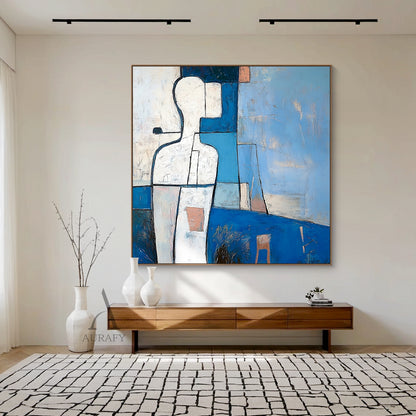 Modern abstract blue geometric artwork, portrait orientation, center displays the iconic abstract white human figure outlined in bold black lines and segmented into geometric facets, dotted with small warm orange accent details, set against overlapping geometric background in varying shades of blue (deep navy to pale sky blue), gray, milky white and tangerine blocks, with clear tactile impasto brush strokes across the entire canvas, understated simplified abstract plant symbols at the top left corner.
