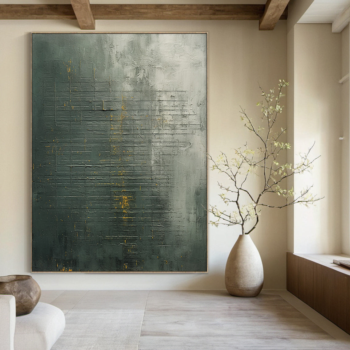 Modern abstract geometric wall art with dark green, charcoal gray base and metallic gold accent lines. Thick impasto brushstrokes and scratch marks create a 3D tactile texture. Displayed as a striking focal point in a sleek modern bedroom, complementing light gray bedding and natural wood nightstands. Slim black aluminum frame, ready to hang—ideal for living room, bedroom, or office decor.