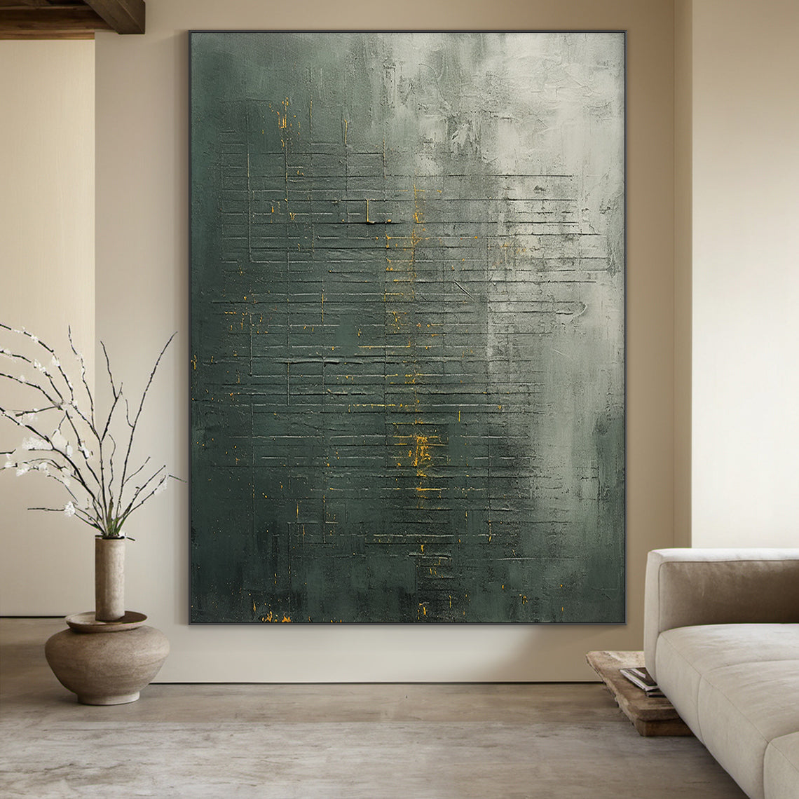 Modern abstract geometric wall art with dark green, charcoal gray base and metallic gold accent lines. Thick impasto brushstrokes and scratch marks create a 3D tactile texture. Displayed in a minimalist wabi-sabi living room as a focal point, complementing neutral beige sofa and earthy ceramic decor. Slim black aluminum frame, ready to hang—ideal for living room, bedroom, or office decor.