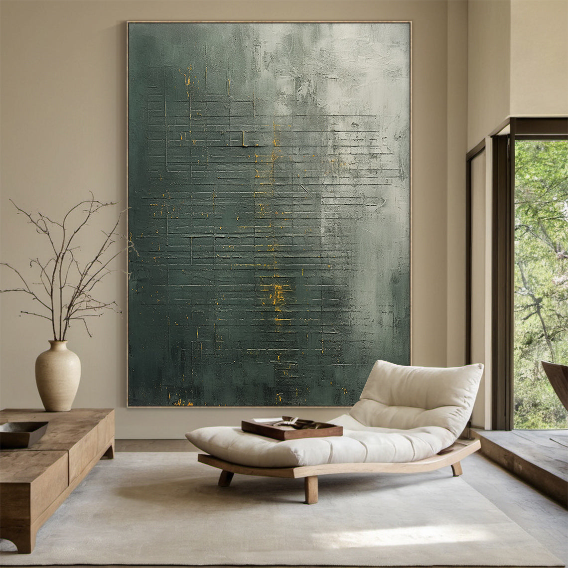 Modern abstract geometric wall art with dark green, charcoal gray base and metallic gold accent lines. Thick impasto brushstrokes and scratch marks create a 3D tactile texture. Displayed as an eye-catching focal point in a minimalist modern living room, complementing a beige linen sofa, marble coffee table, and warm brass floor lamp. Slim black aluminum frame, ready to hang—perfect for living room, bedroom, or office decor.