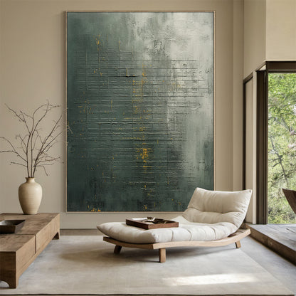 Modern abstract geometric wall art with dark green, charcoal gray base and metallic gold accent lines. Thick impasto brushstrokes and scratch marks create a 3D tactile texture. Displayed as an eye-catching focal point in a minimalist modern living room, complementing a beige linen sofa, marble coffee table, and warm brass floor lamp. Slim black aluminum frame, ready to hang—perfect for living room, bedroom, or office decor.