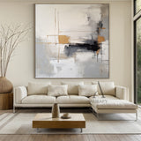 Modern Abstract Gray White Tactile Brushstroke Gold Accent Minimalist Luxe Wall Art AURA493