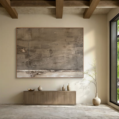Abstract Blue Textured Plaster Art - High-relief tactile canvas with thick impasto layers, cracked organic texture, and horizontal/vertical lines. Cold gray palette (light gray, deep gray, off-white) with blue undertones, embodying Wabi-sabi philosophy. Displayed in a modern Nordic minimalist study (light oak desk, white open shelves, small potted eucalyptus), ideal for Nordic study focal point, minimalist home office decor, or contemporary workspace accent. Serene, sophisticated vibe perfect for fostering 