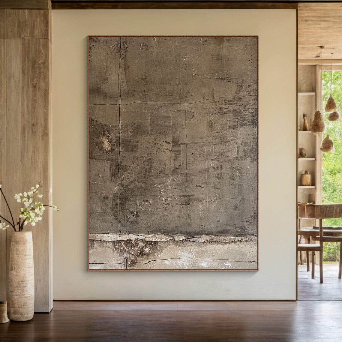 Abstract Blue Textured Plaster Art - High-relief tactile canvas with thick impasto layers, cracked organic texture, and horizontal/vertical lines. Cold gray palette (light gray, deep gray, off-white) with blue undertones, embodying Wabi-sabi philosophy. Displayed in a Scandinavian minimalist living room (light gray linen sofa, natural wool area rug, solid oak coffee table, small potted fiddle leaf fig), ideal for living room focal point, minimalist home decor, or contemporary living space accent. Serene, so