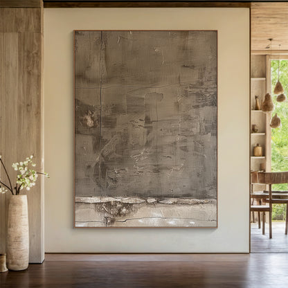 Abstract Blue Textured Plaster Art - High-relief tactile canvas with thick impasto layers, cracked organic texture, and horizontal/vertical lines. Cold gray palette (light gray, deep gray, off-white) with blue undertones, embodying Wabi-sabi philosophy. Displayed in a Scandinavian minimalist living room (light gray linen sofa, natural wool area rug, solid oak coffee table, small potted fiddle leaf fig), ideal for living room focal point, minimalist home decor, or contemporary living space accent. Serene, so